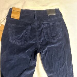 New Women’s True Religion Halle Baby Cord Navy Blue Mid Rise Super Skinny Sz 26